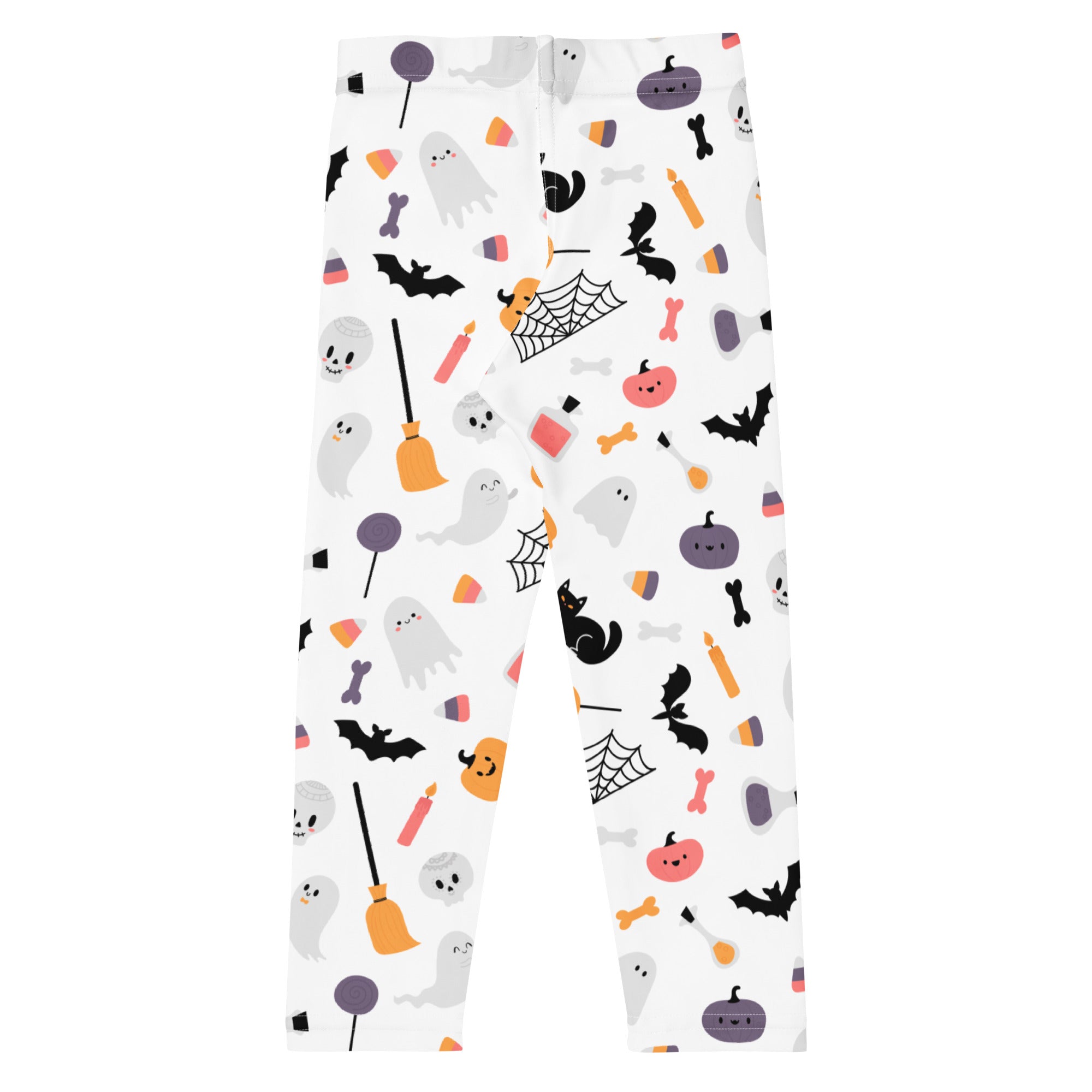 Girls ghost and pumpkin print buttery soft white leggings with playful cartoon ghosts bats pumpkins and candy