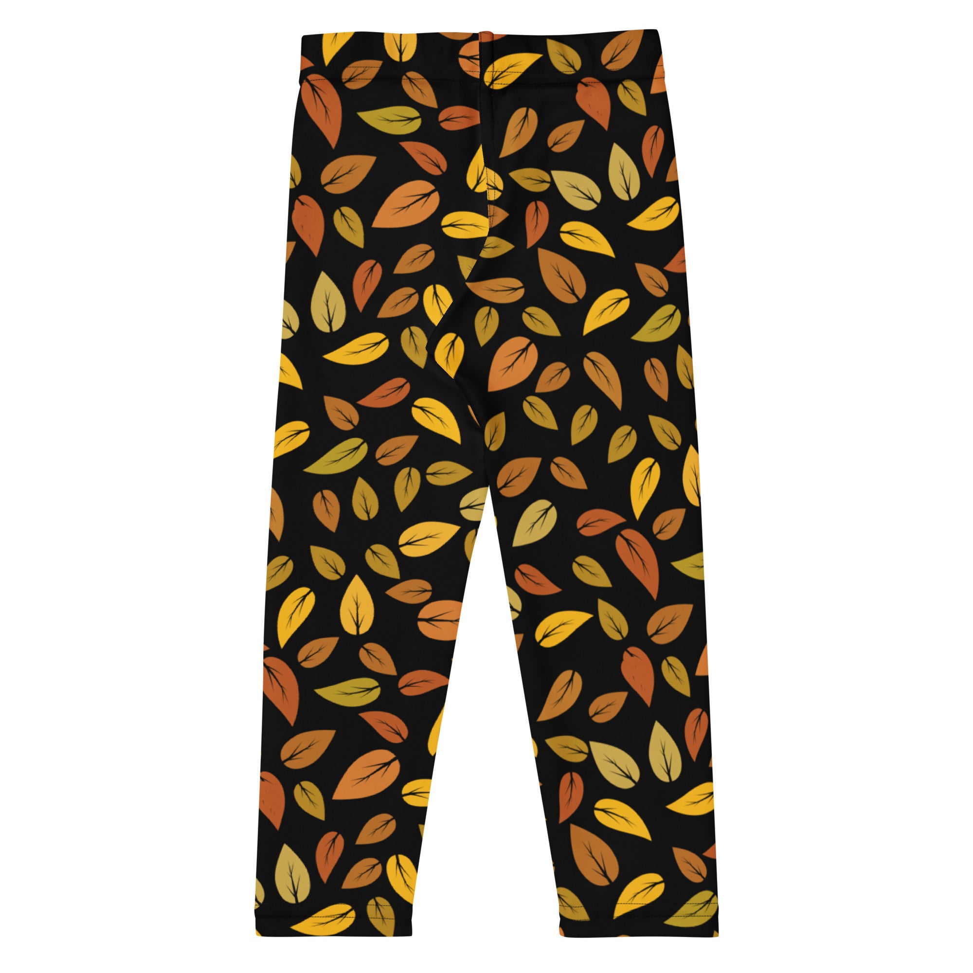 Kids autumn leaf buttery soft leggings in black with vibrant yellow orange and brown autumn leaf pattern