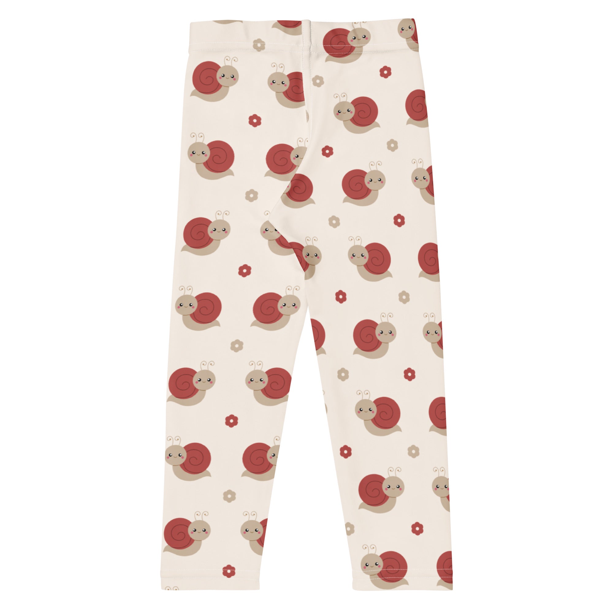 Cream-colored girls leggings with red and beige snail pattern and small flowers made of buttery soft fabric