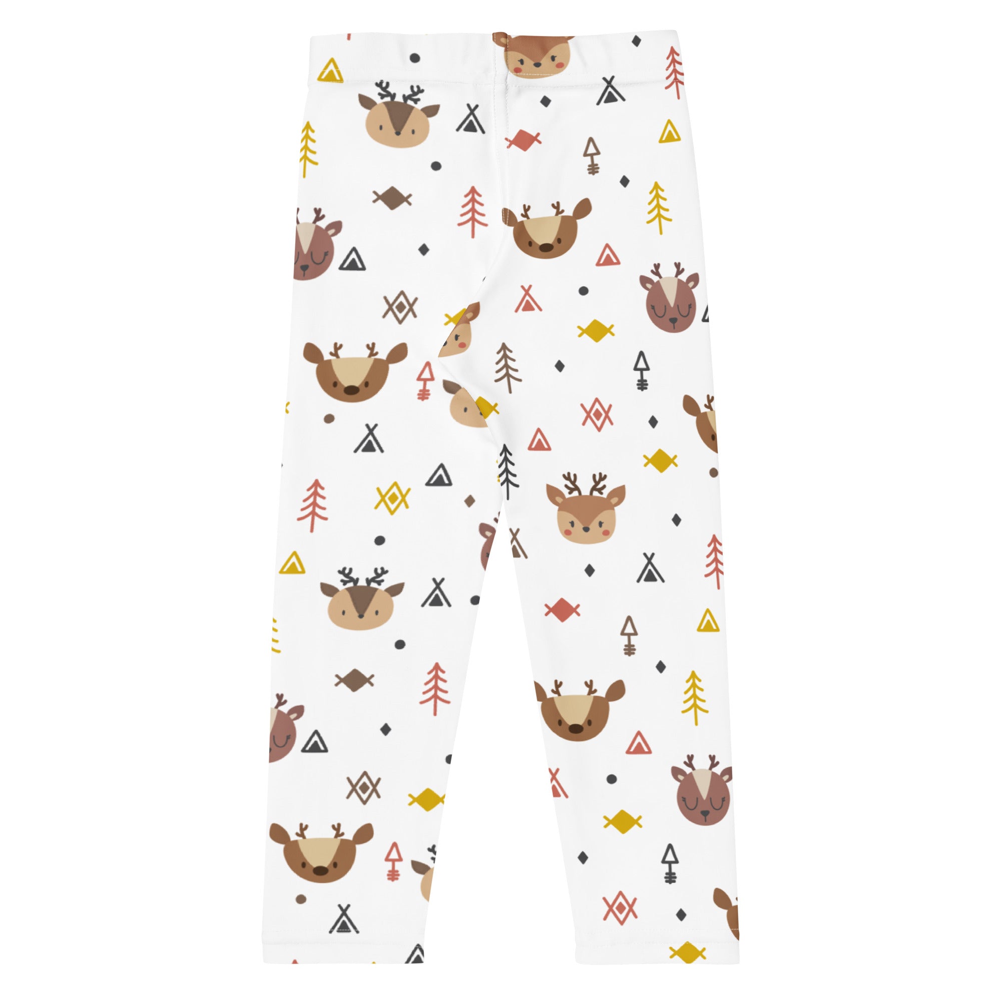 Kids reindeer buttery soft white leggings with playful brown deer faces yellow trees and black red gold geometric shapes