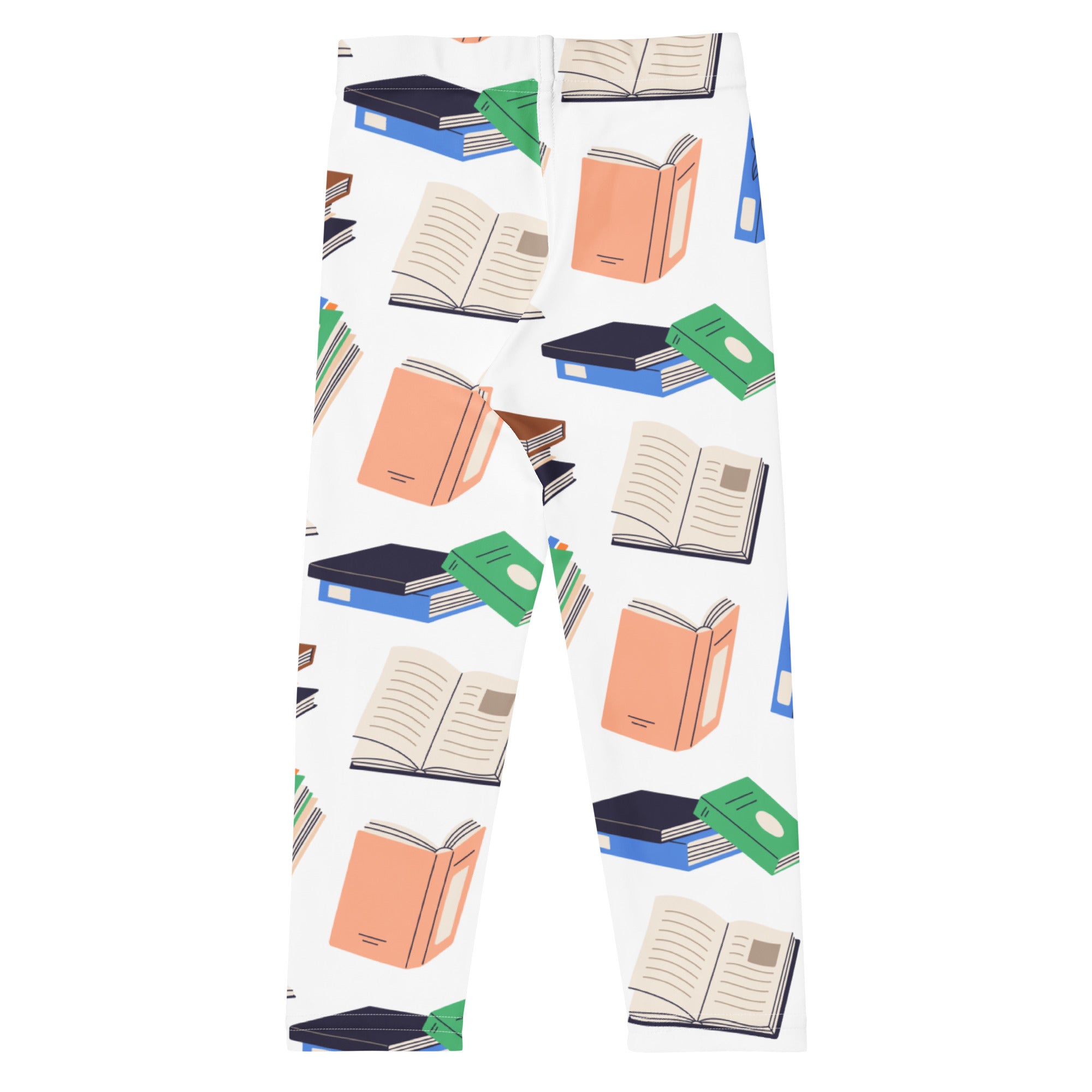 White kids book print buttery soft leggings featuring playful orange green and navy illustrated book pattern