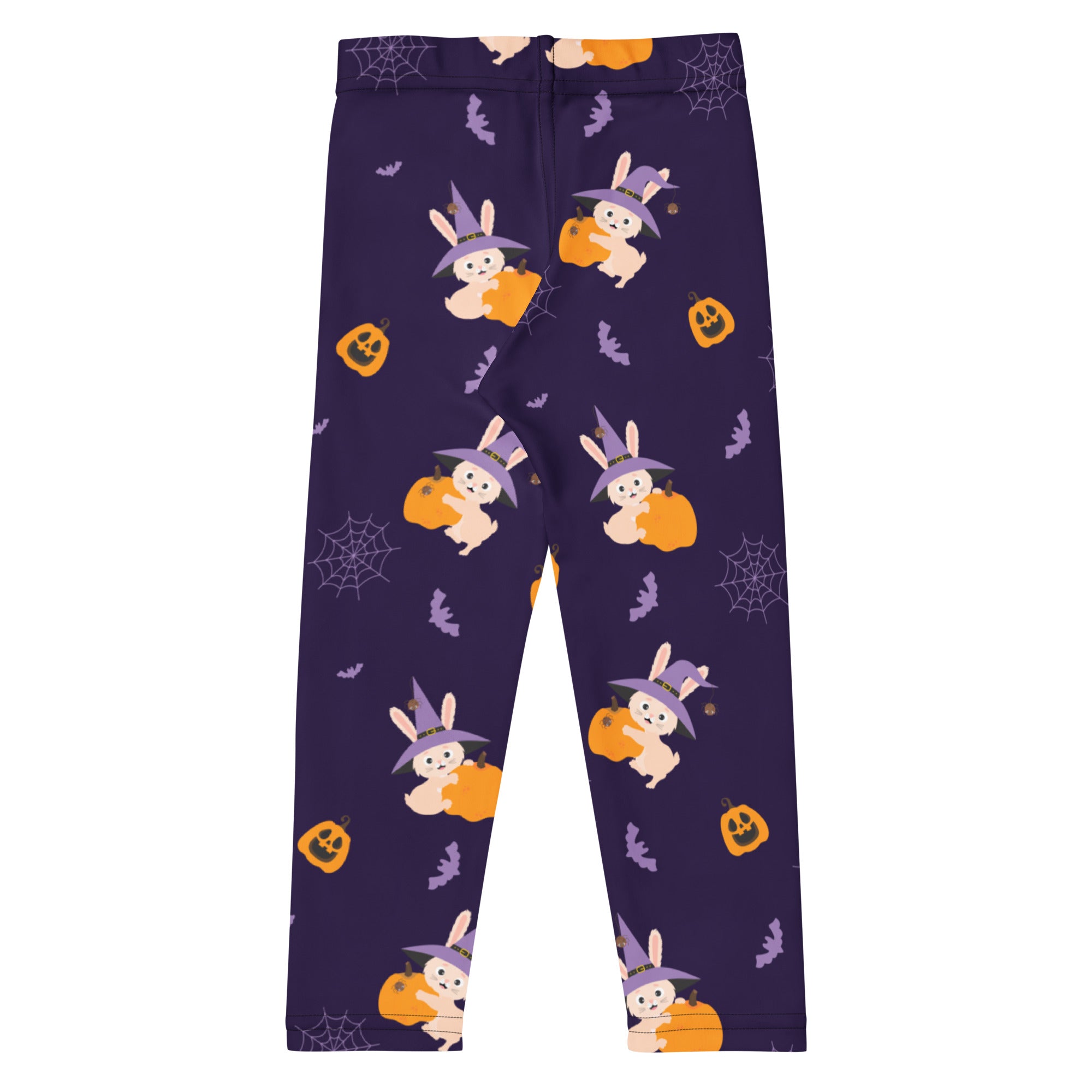 Girls halloween bunny buttery soft leggings in purple with cartoon rabbits in witch hats and halloween motifs pattern