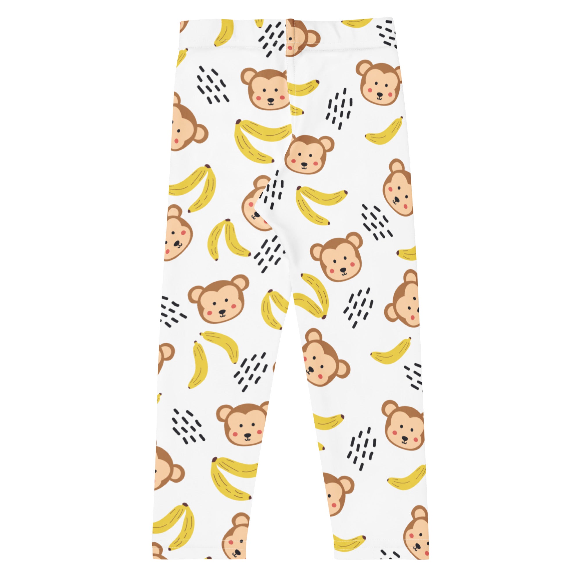 White kids leggings with playful brown black and yellow cartoon monkeys and bananas buttery soft fabric