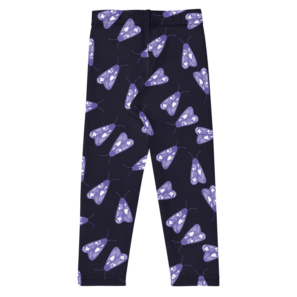 Girls purple moth buttery soft leggings in dark navy with a playful pattern of purple moths and white heart details
