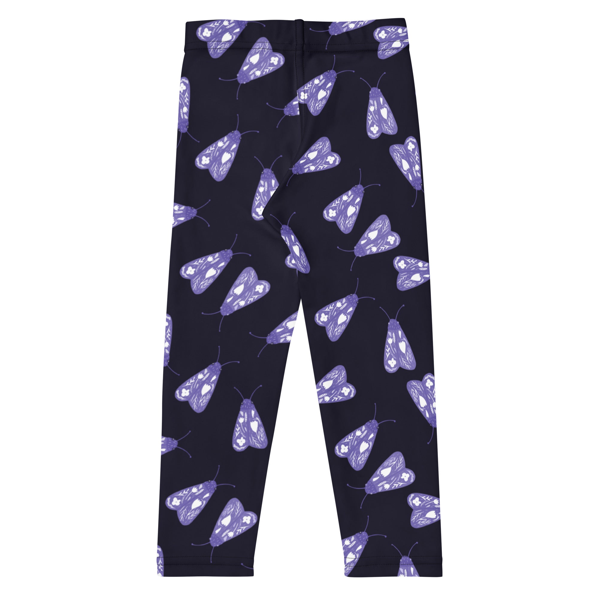 Girls purple moth buttery soft leggings in dark navy with a playful pattern of purple moths and white heart details