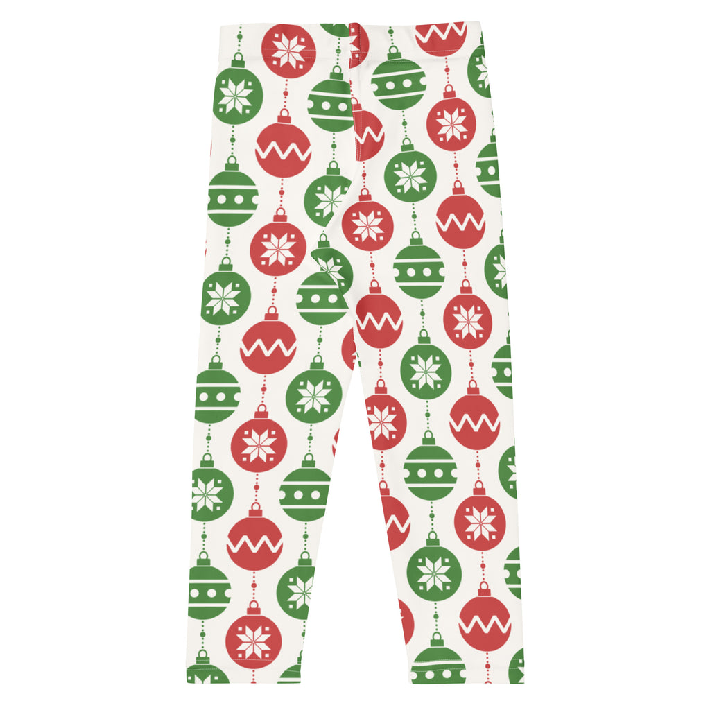Kids red and green christmas ornament buttery soft white leggings with festive snowflake and ornament pattern