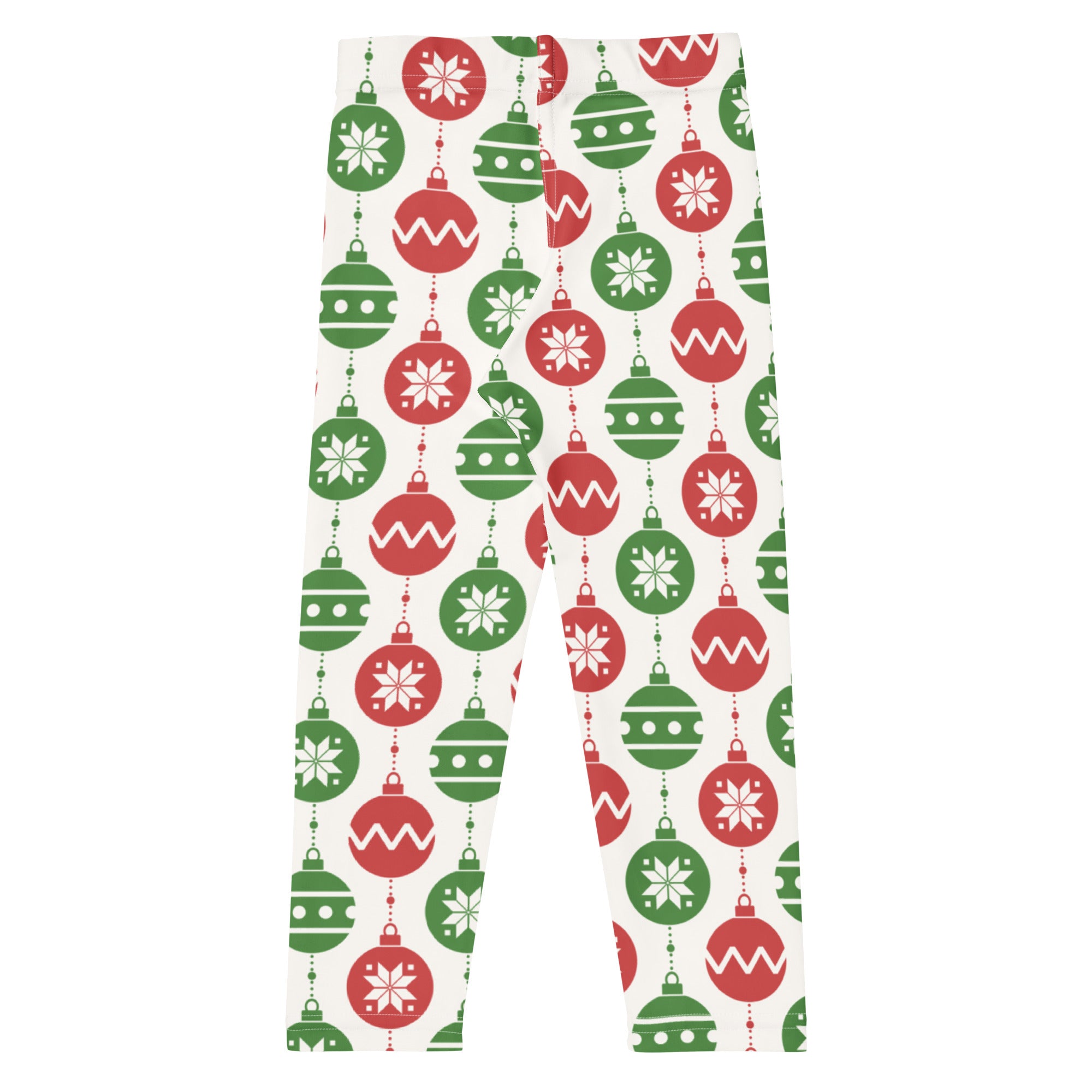 Kids red and green christmas ornament buttery soft white leggings with festive snowflake and ornament pattern