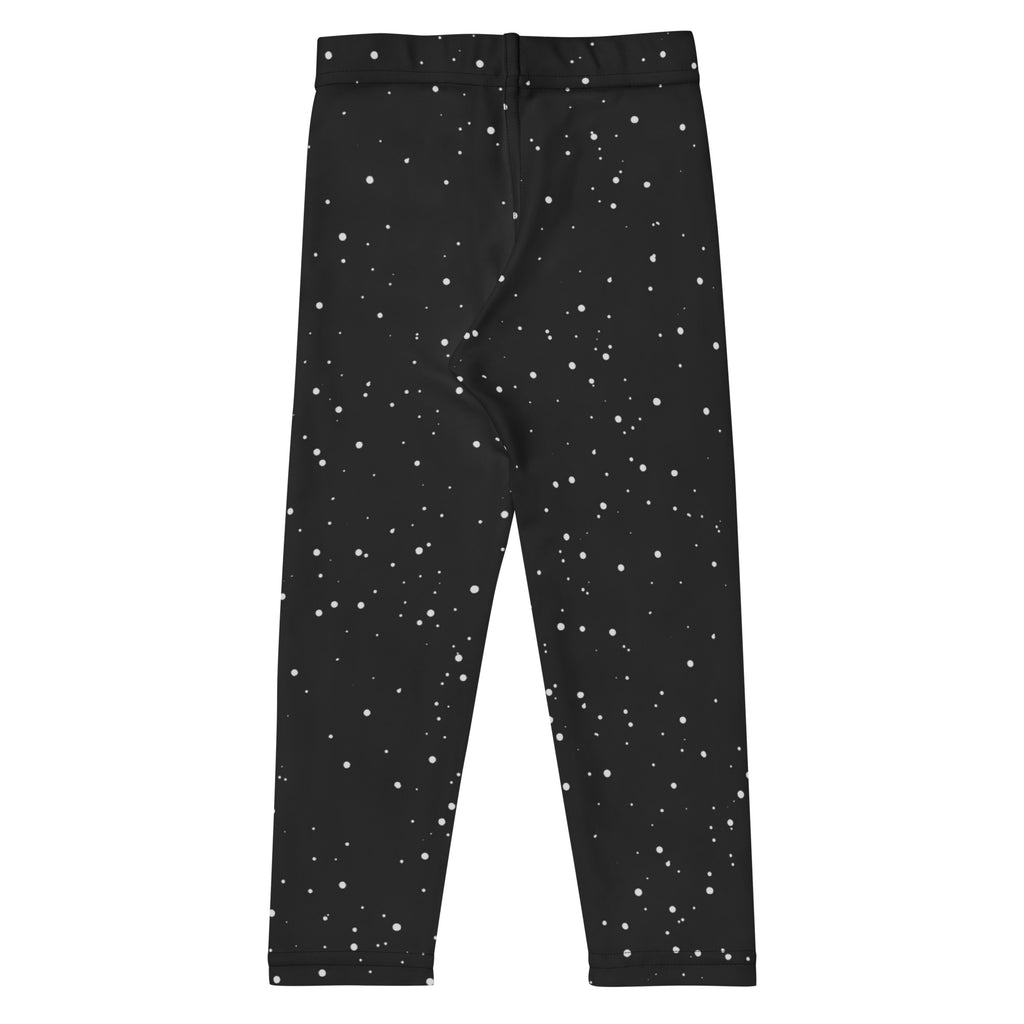 Kids black buttery soft leggings with a white speckled star pattern perfect for comfortable everyday wear