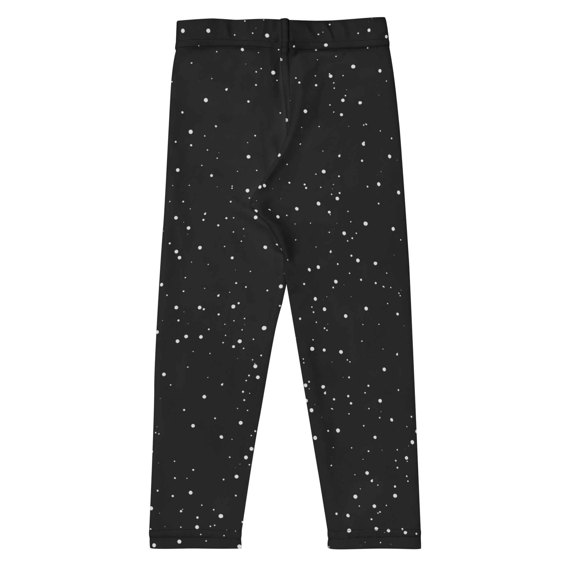 Kids black buttery soft leggings with a white speckled star pattern perfect for comfortable everyday wear