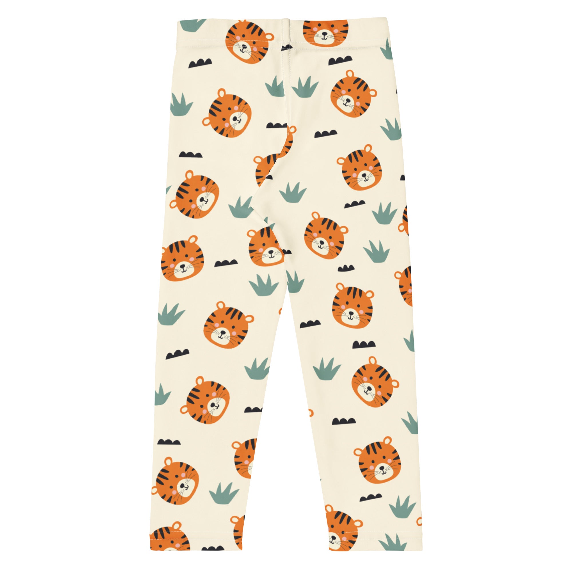 Cream-colored kids tiger print buttery soft leggings with playful orange tiger faces and green cactus plants pattern