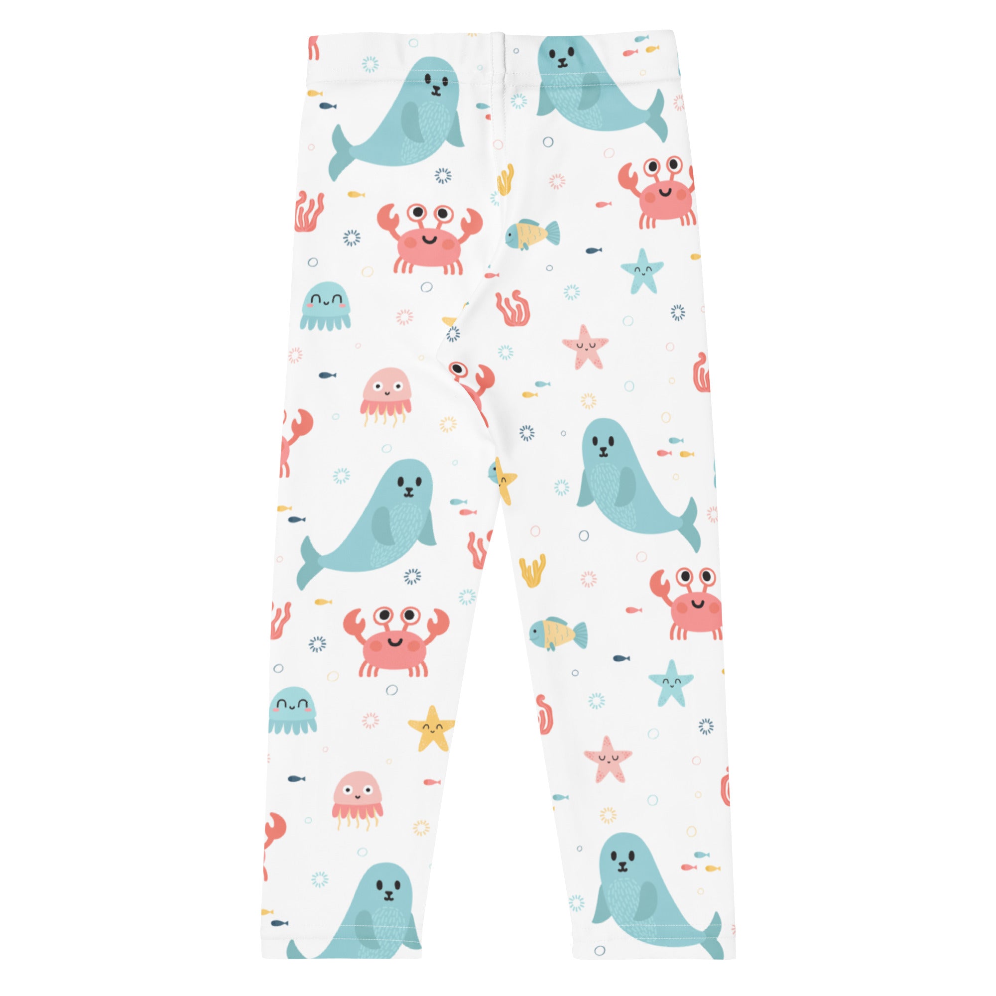 Girls ocean animal buttery soft white leggings with playful blue seals pink crabs and pastel sea creatures pattern