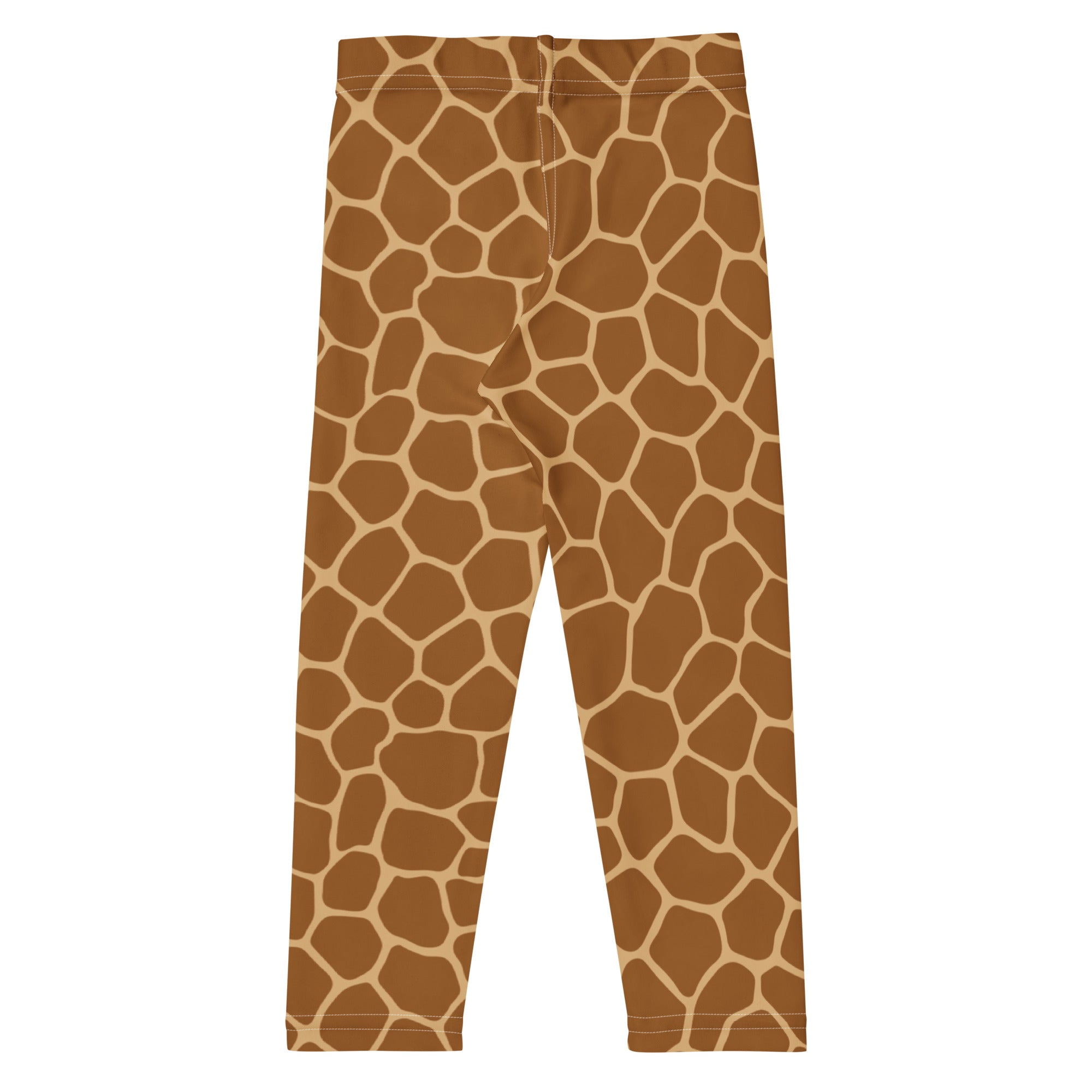 Brown and beige giraffe print buttery soft kids leggings shown from the back side