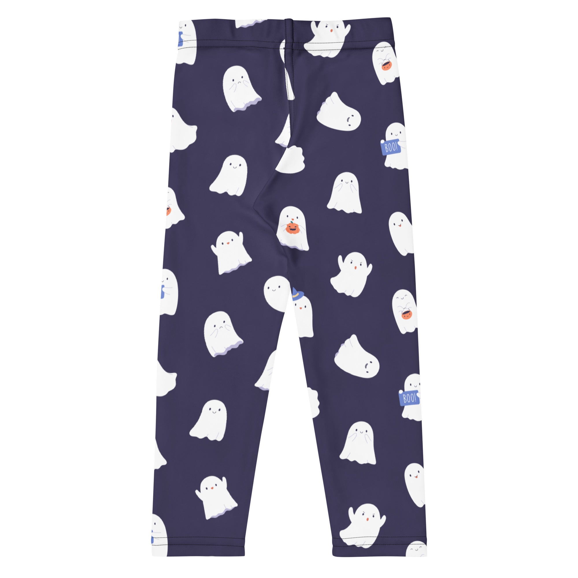 Girls dark purple buttery soft leggings with playful white cartoon ghost pattern and boo tags in navy blue