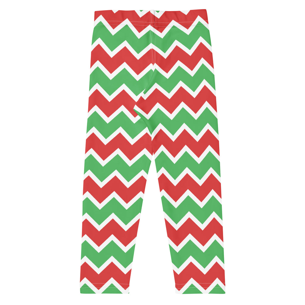 Kids christmas chevron striped leggings in red and green with white trim made of buttery soft fabric