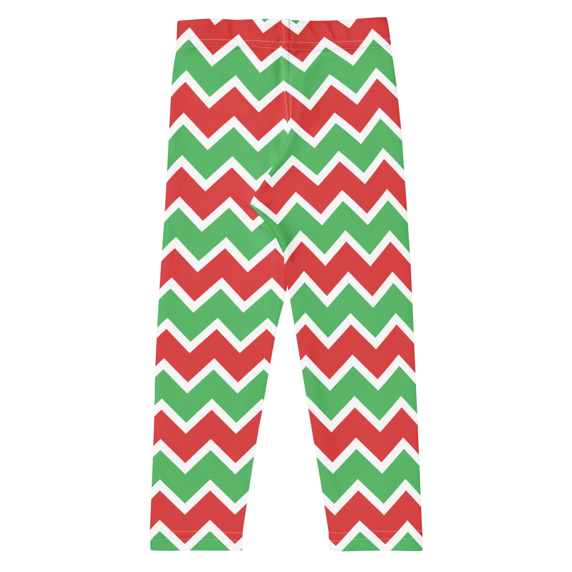 Kids christmas chevron striped leggings in red and green with white trim made of buttery soft fabric
