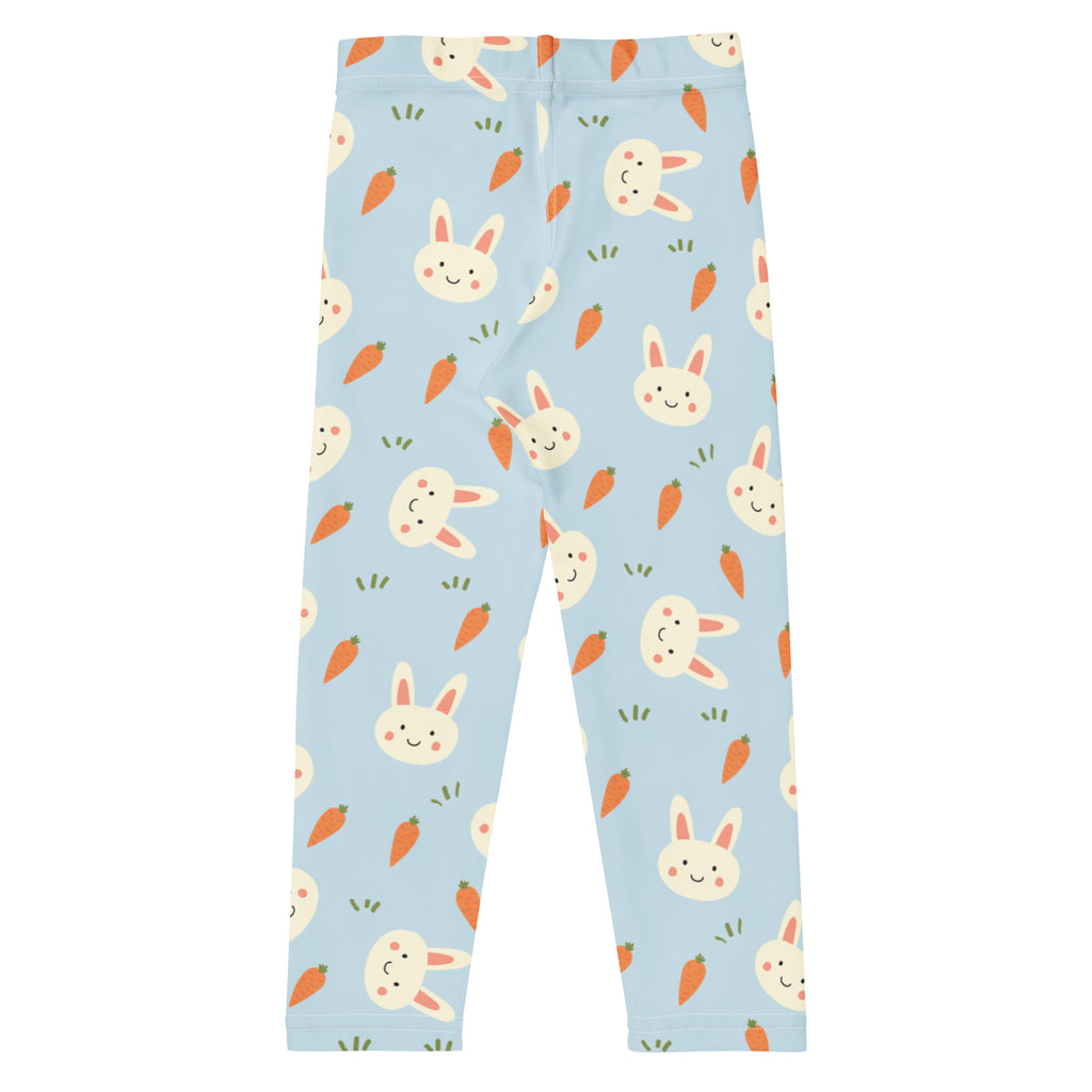Light blue buttery soft girls Easter bunny carrot leggings with a playful cartoon bunny and carrot pattern