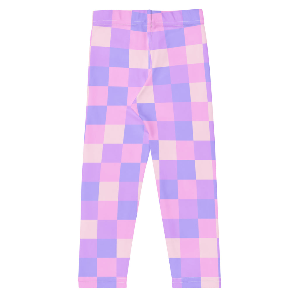 Girls purple checkered buttery soft leggings with pastel pink and lavender checkered pattern and stretchy fit