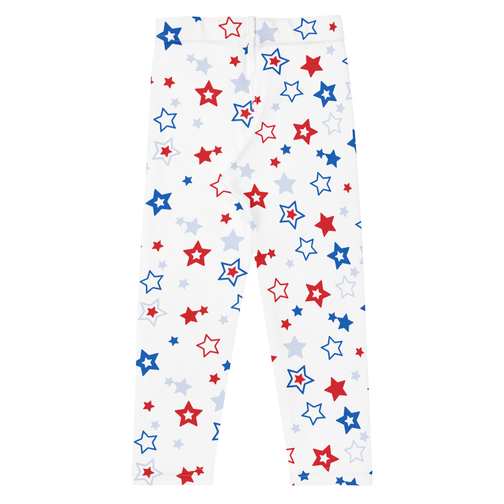 Kids red white and blue stars buttery soft white leggings with red blue and light gray star pattern