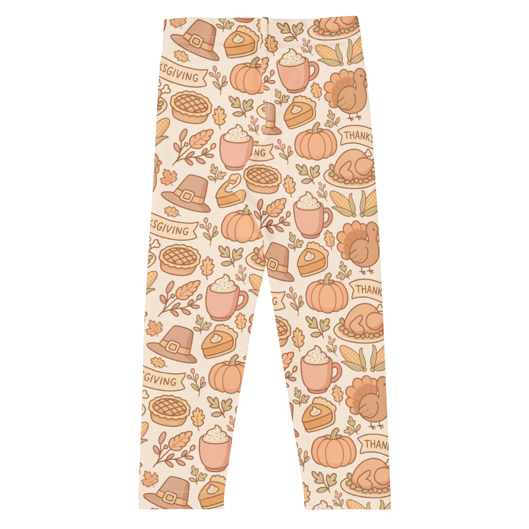 Cream-colored kids thanksgiving buttery soft leggings with playful pumpkins pies turkeys and pilgrim hats pattern