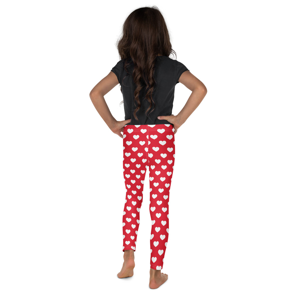 Girls red heart buttery soft leggings featuring a white heart pattern on red buttery soft fabric