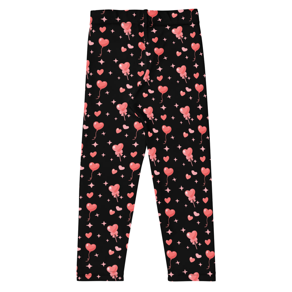 Girls pink heart balloons buttery soft black leggings with playful pink heart-shaped balloon pattern