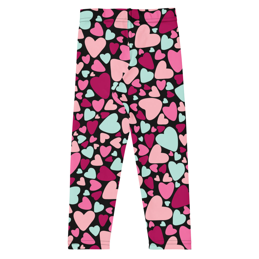 Girls multicolor heart buttery soft black leggings with vibrant pink magenta and mint green heart pattern