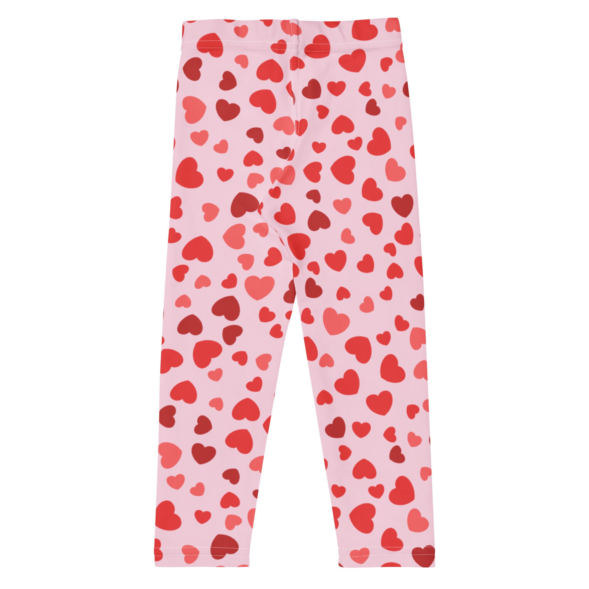 Girls valentine’s day pink heart buttery soft leggings with playful red and darker red heart pattern