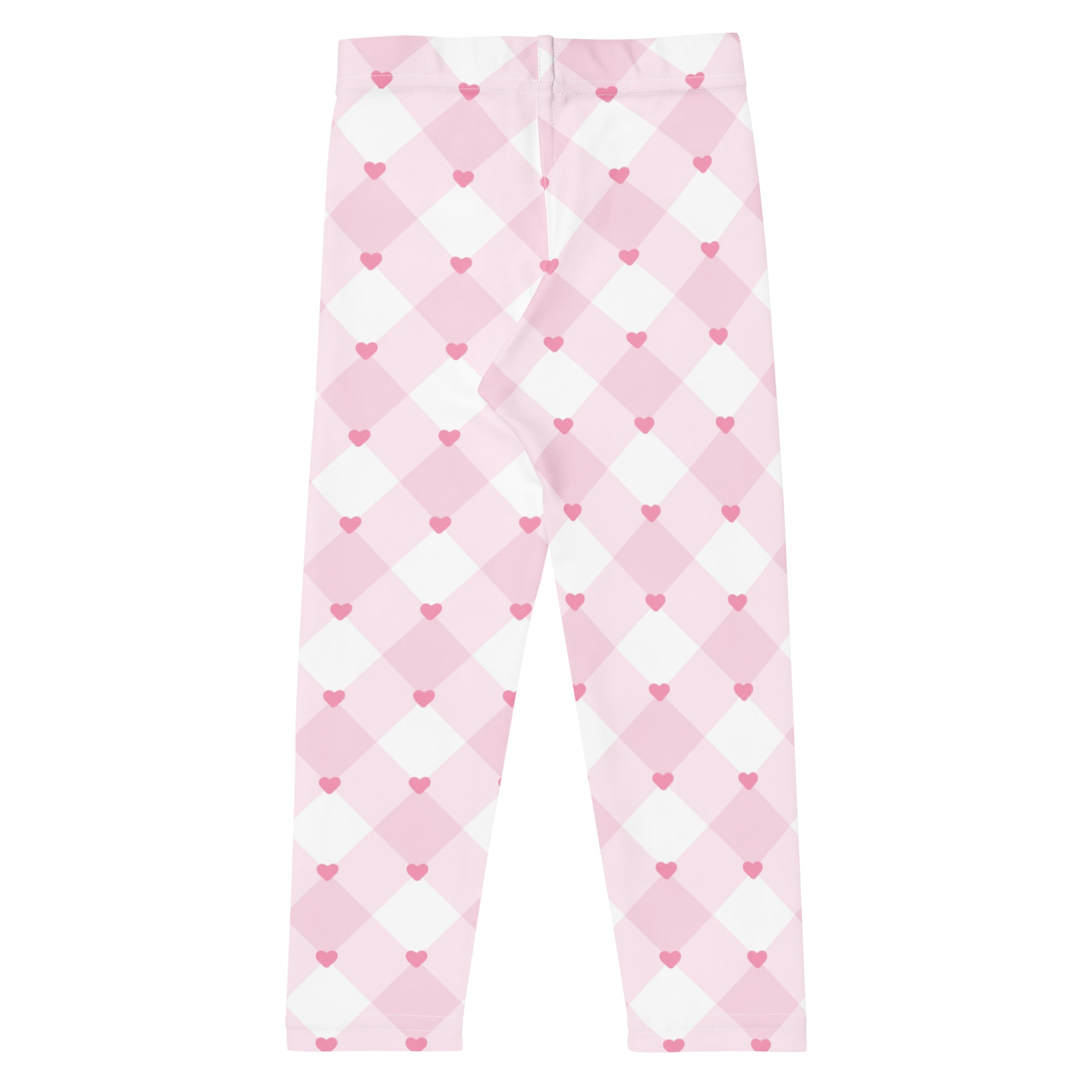 Girls pink gingham heart buttery soft leggings in pink and white argyle pattern with small pink hearts