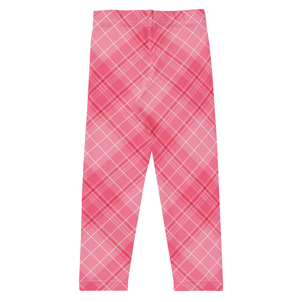 Girls pink plaid buttery soft leggings with a white grid pattern made from comfortable stretchy fabric