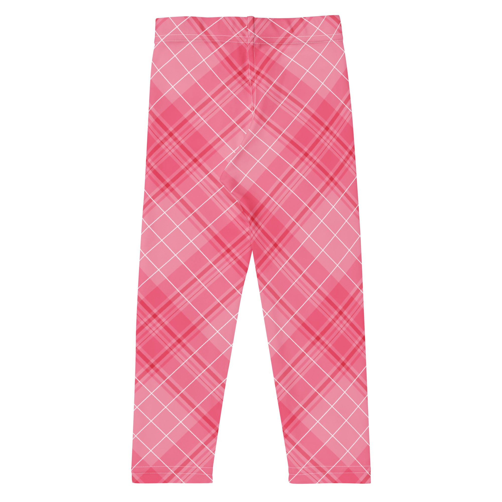 Girls pink plaid buttery soft leggings with a white grid pattern made from comfortable stretchy fabric