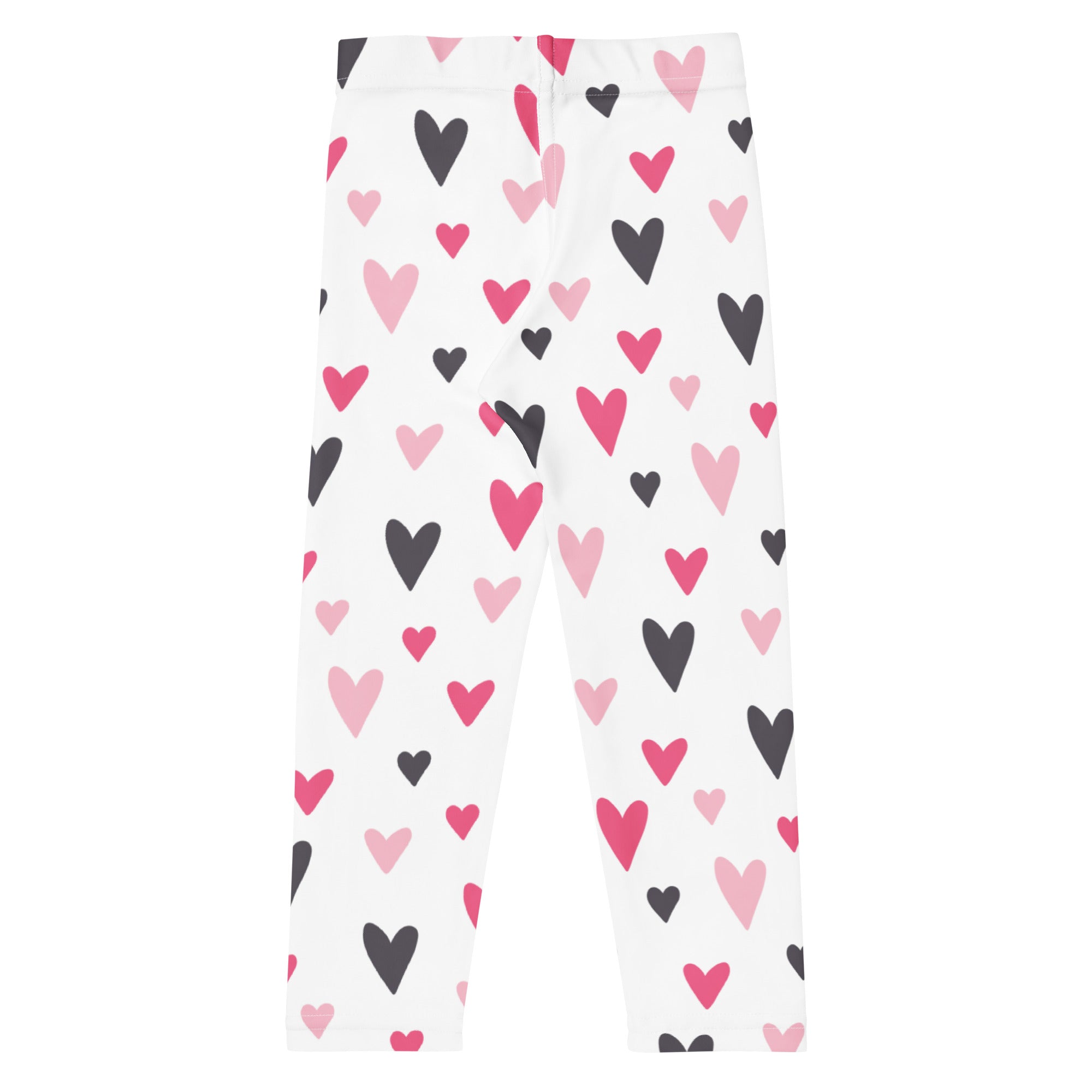 Girls Valentine’s Day white buttery soft leggings with playful pink and black heart pattern for festive wear
