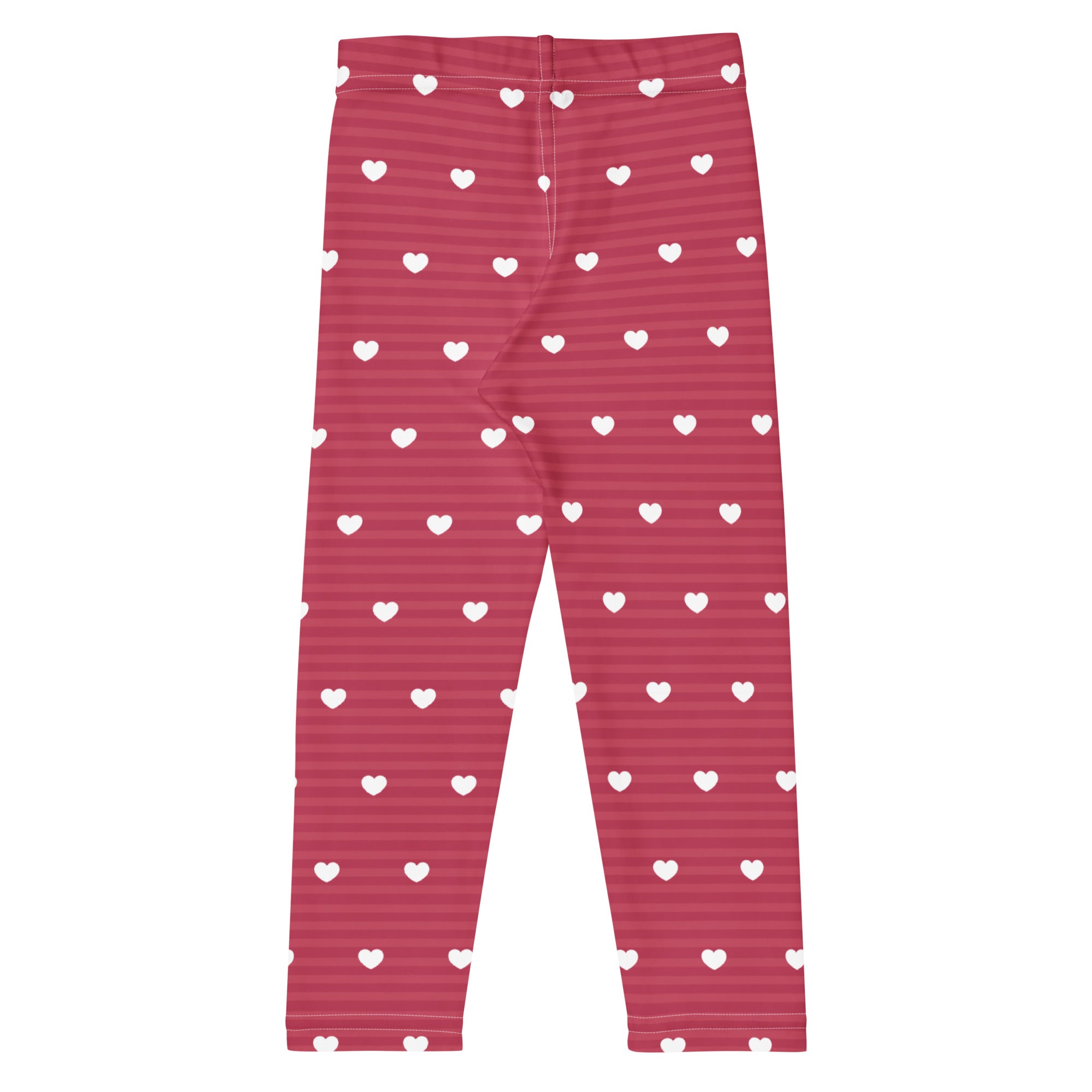 Girls pink buttery soft leggings with white heart patterns and subtle horizontal stripes for everyday wear