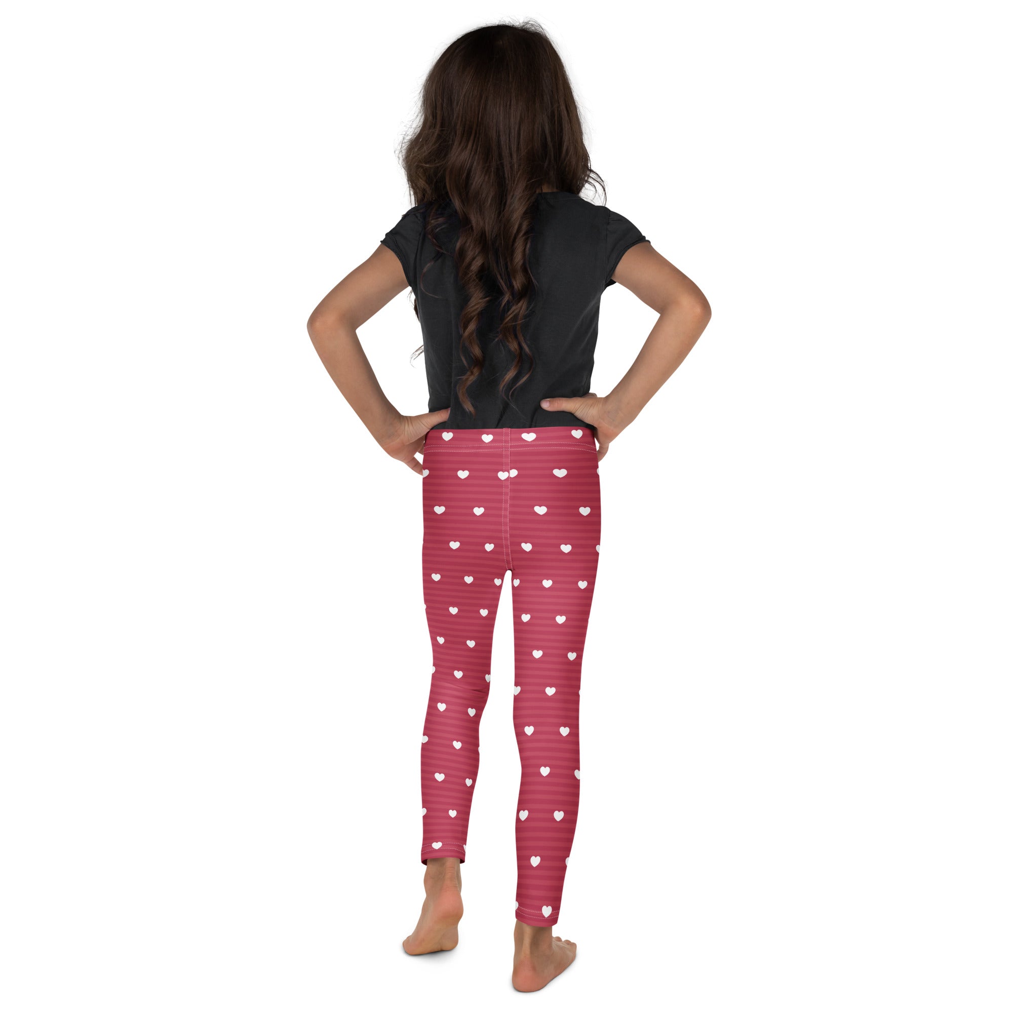Girls pink stripe heart leggings with buttery soft fabric featuring subtle horizontal stripes and heart patterns