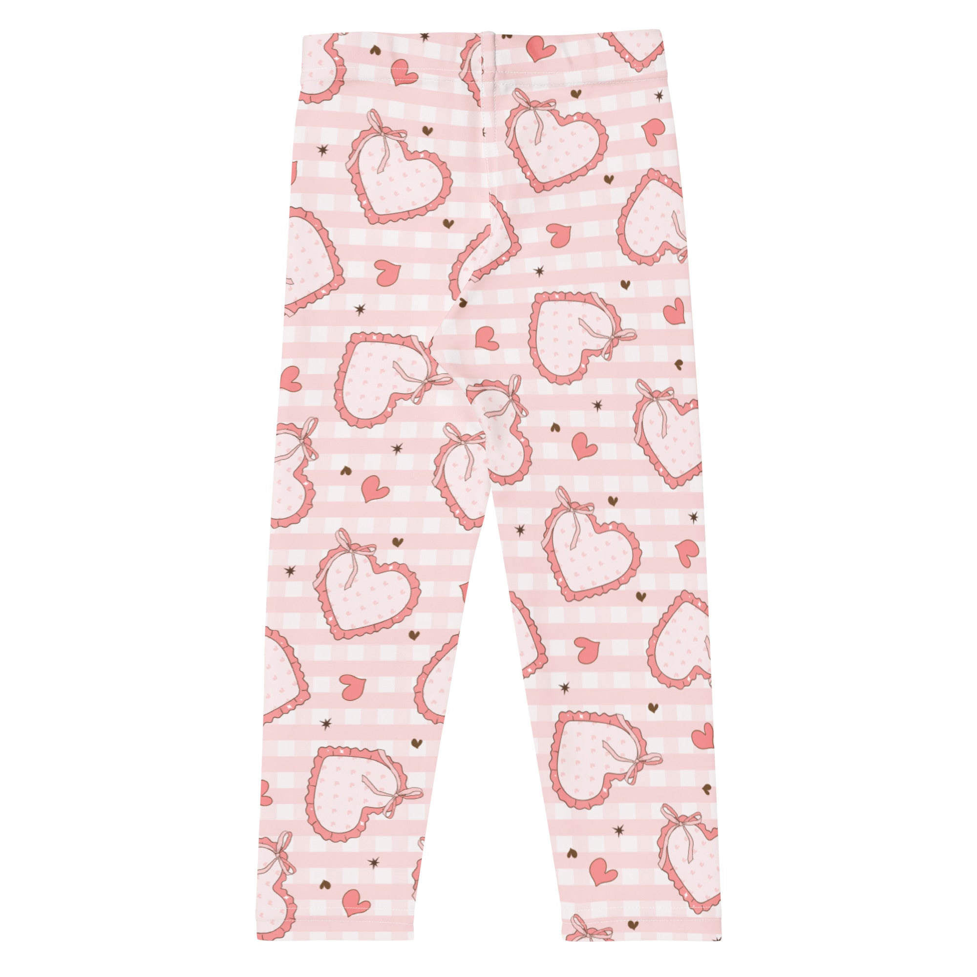 Girls plaid bow heart leggings in pink with heart pattern on buttery soft fabric against pastel gingham background