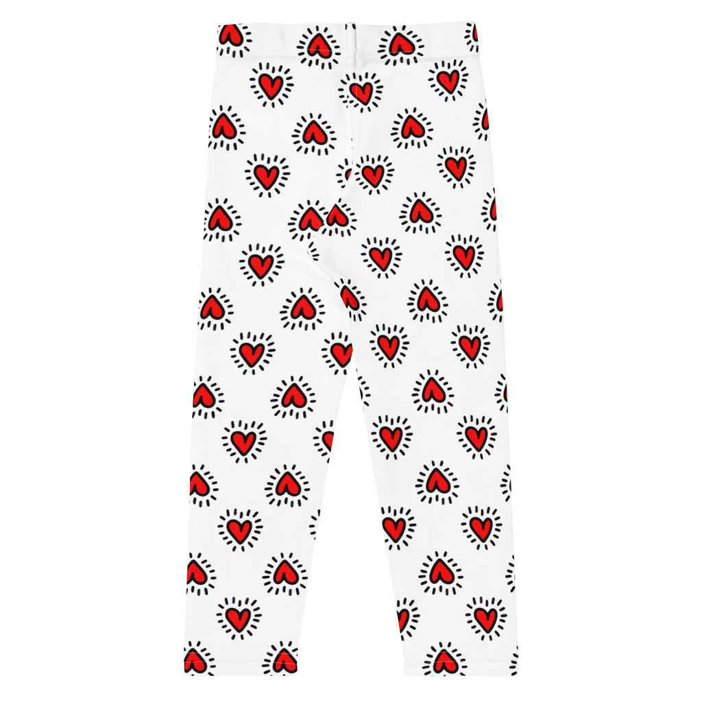 White girls valentine’s day leggings with red hearts outlined in black and radiating lines buttery soft fabric