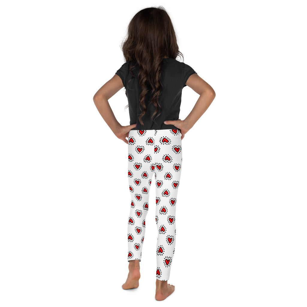 White girls valentines day buttery soft leggings with red hearts and black dotted outlines pattern