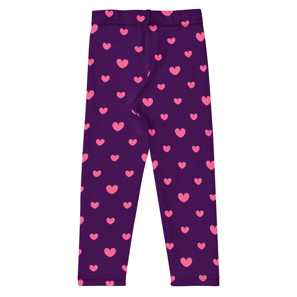 Girls purple heart leggings featuring a buttery soft fabric with a pink heart pattern