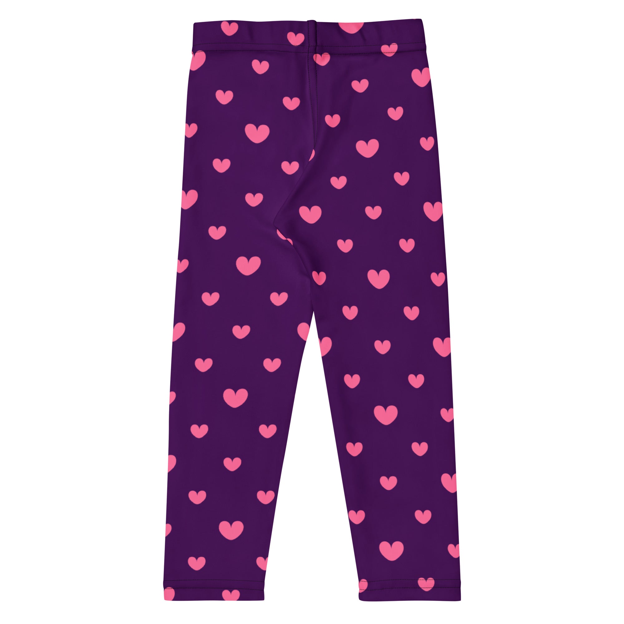 Girls purple heart leggings featuring a buttery soft fabric with a pink heart pattern