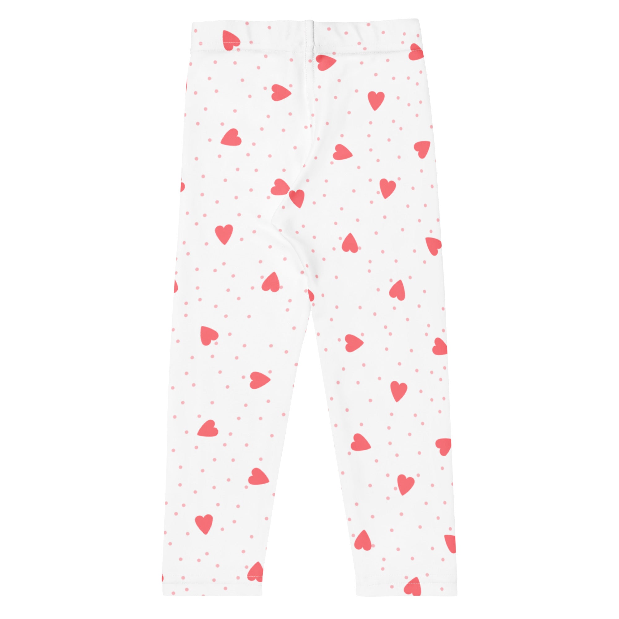 White girls buttery soft leggings with playful pink hearts and tiny polka dots scattered pattern