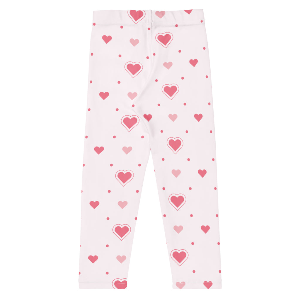 Girls pink heart valentine’s day leggings with buttery soft white base and subtle dot accents