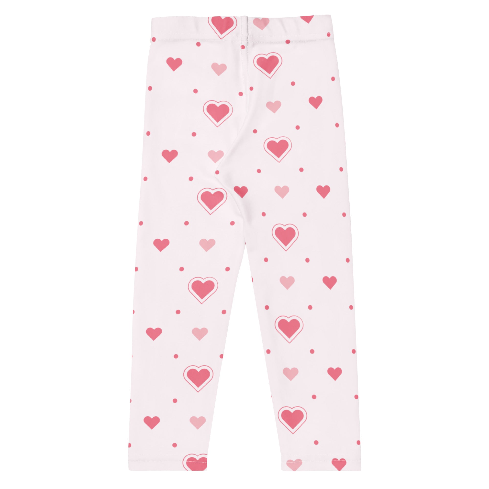 Girls pink heart valentine’s day leggings with buttery soft white base and subtle dot accents