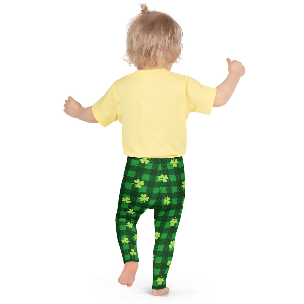 Girls green plaid buttery soft leggings with lime green shamrock designs perfect for festive wear