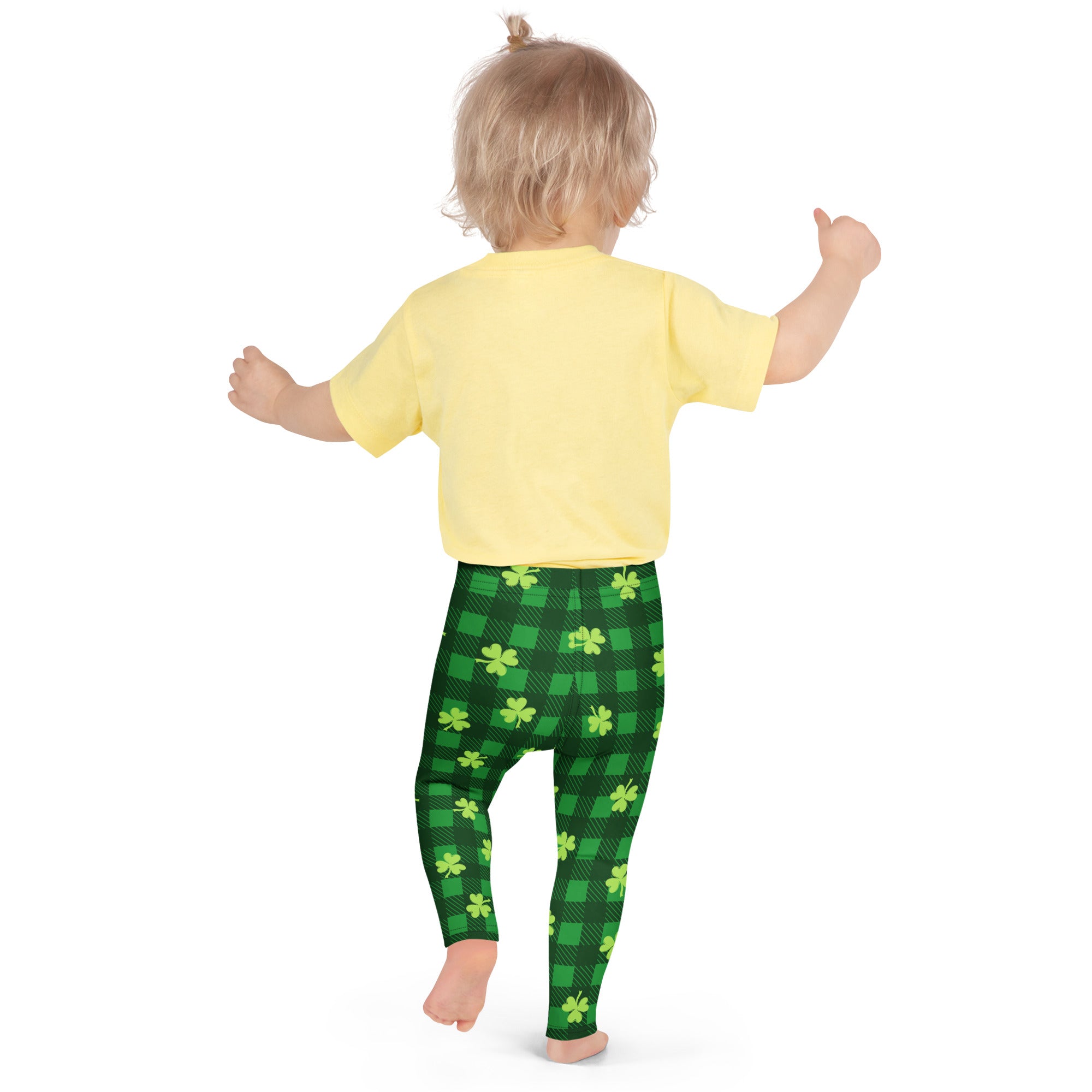 Girls green plaid buttery soft leggings with lime green shamrock designs perfect for festive wear