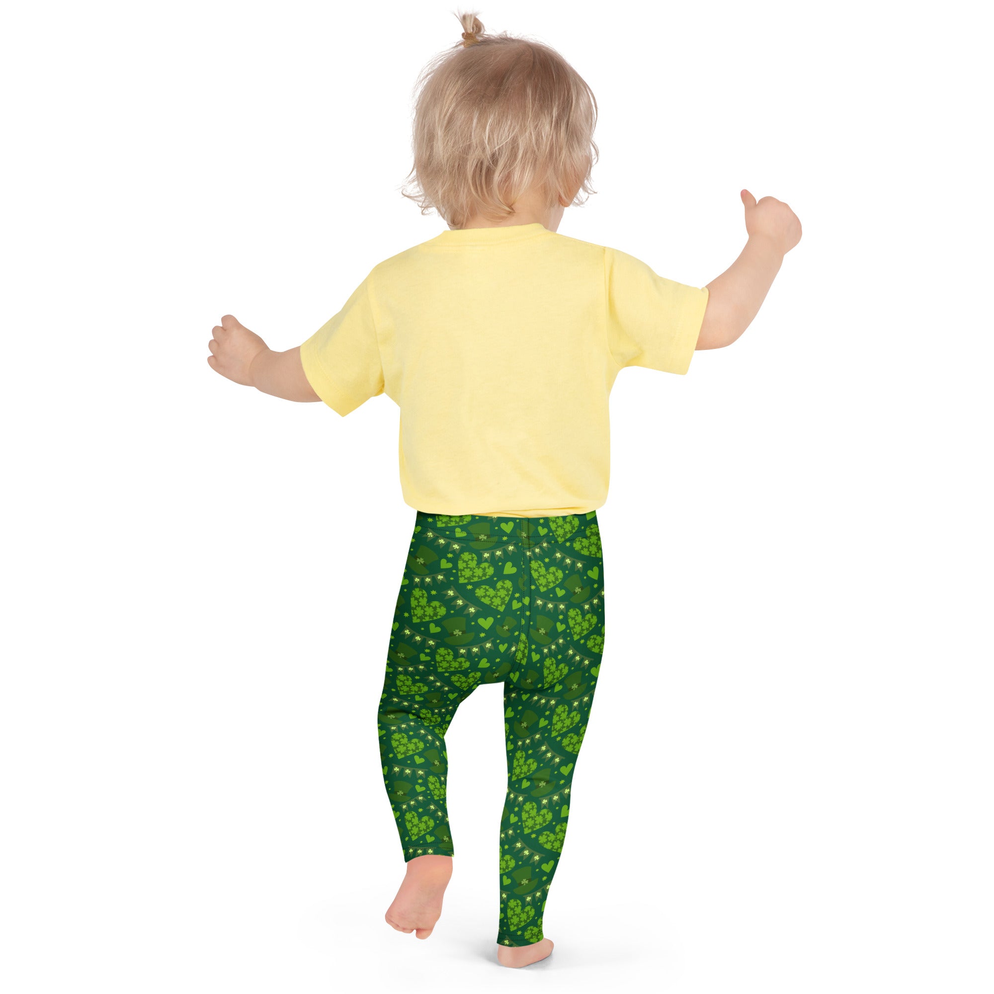 Girls lucky heart green buttery soft leggings with shamrock pattern and small white star accents