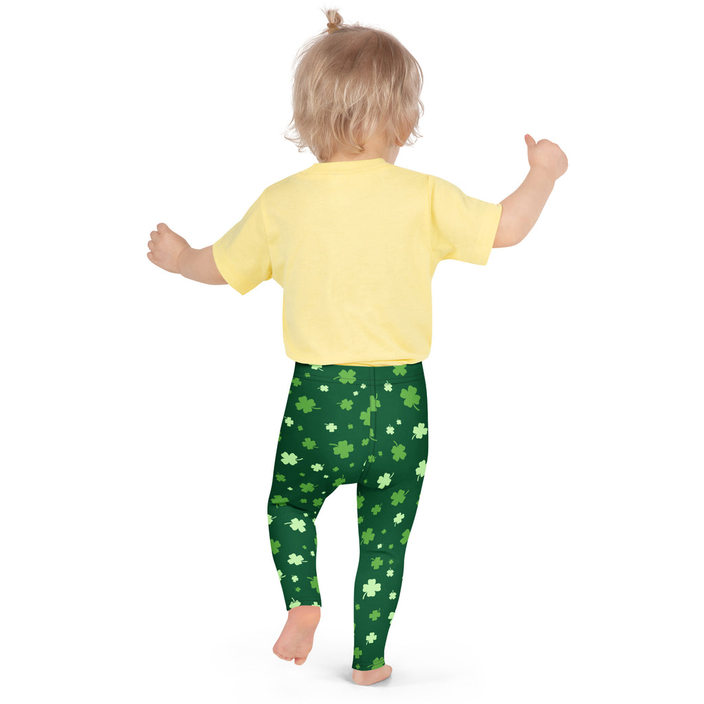 Girls lucky clover buttery soft green leggings with white and light green shamrock pattern for St Patricks Day