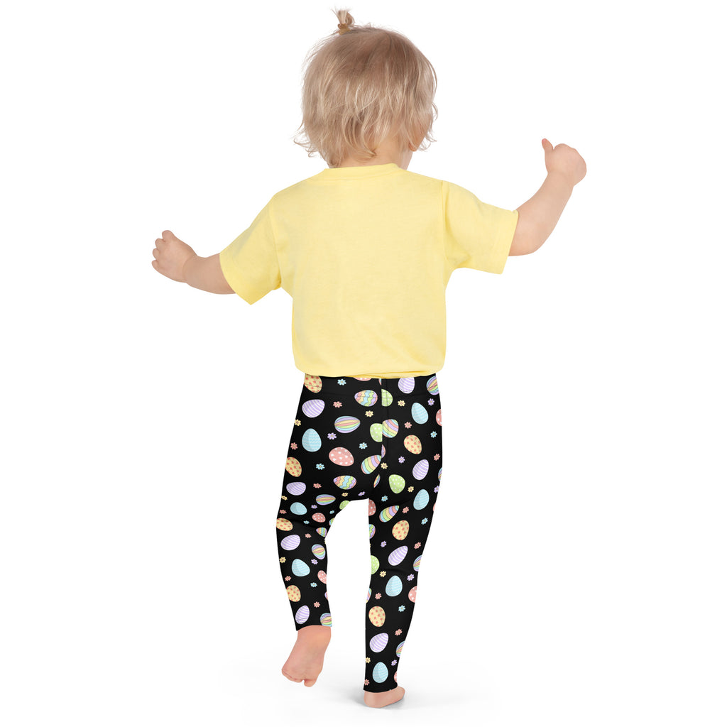 Girls rainbow easter eggs buttery soft black leggings with pastel-colored easter eggs and tiny flowers pattern
