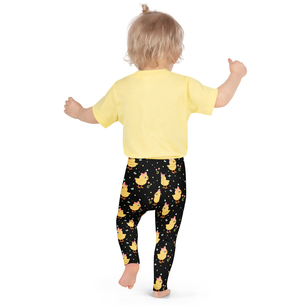 Girls black buttery soft leggings with a cute yellow chick pattern and pink bows perfect for Easter