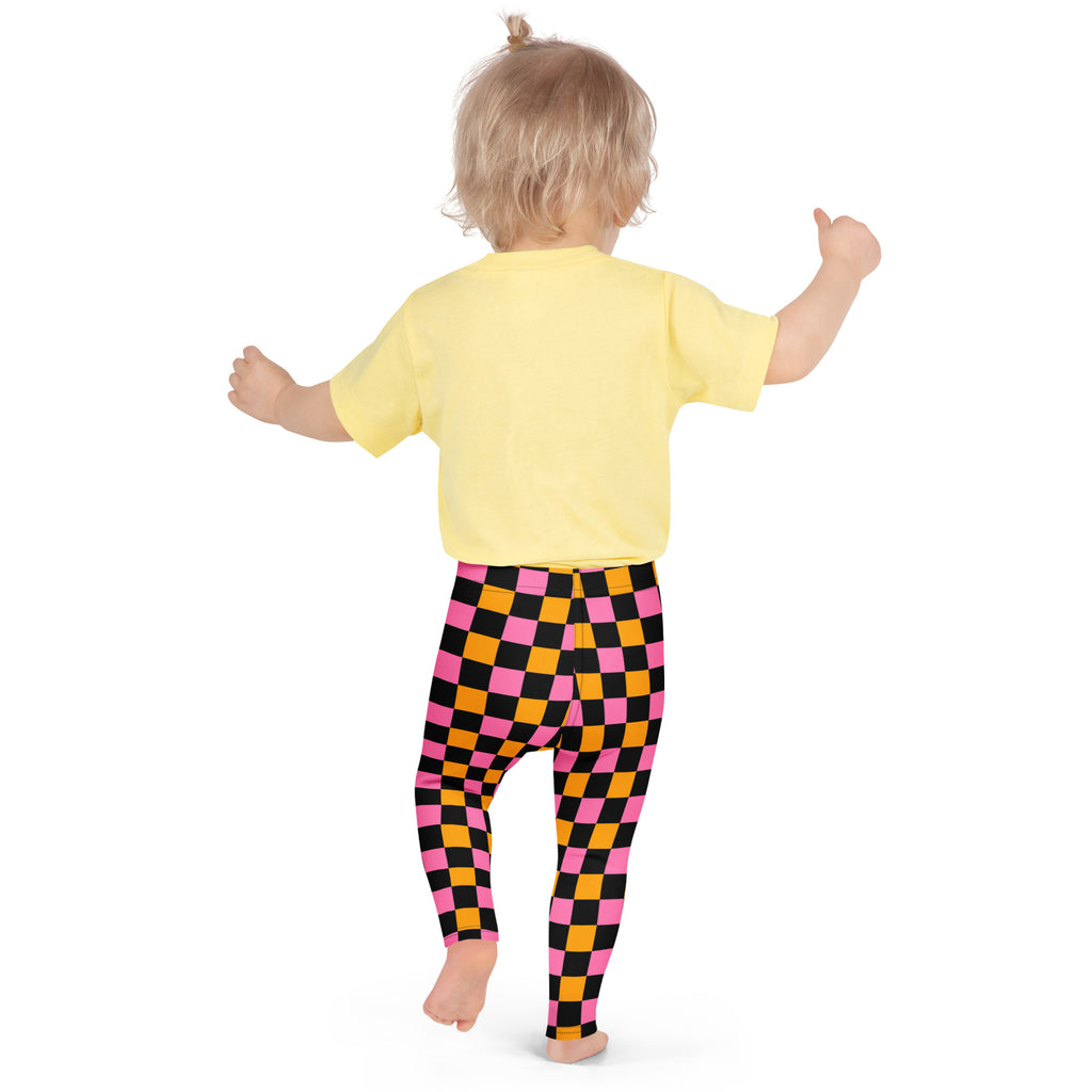 Girls Pink Orange Black Checkerboard Leggings - Warm, Buttery Soft & Stretchy