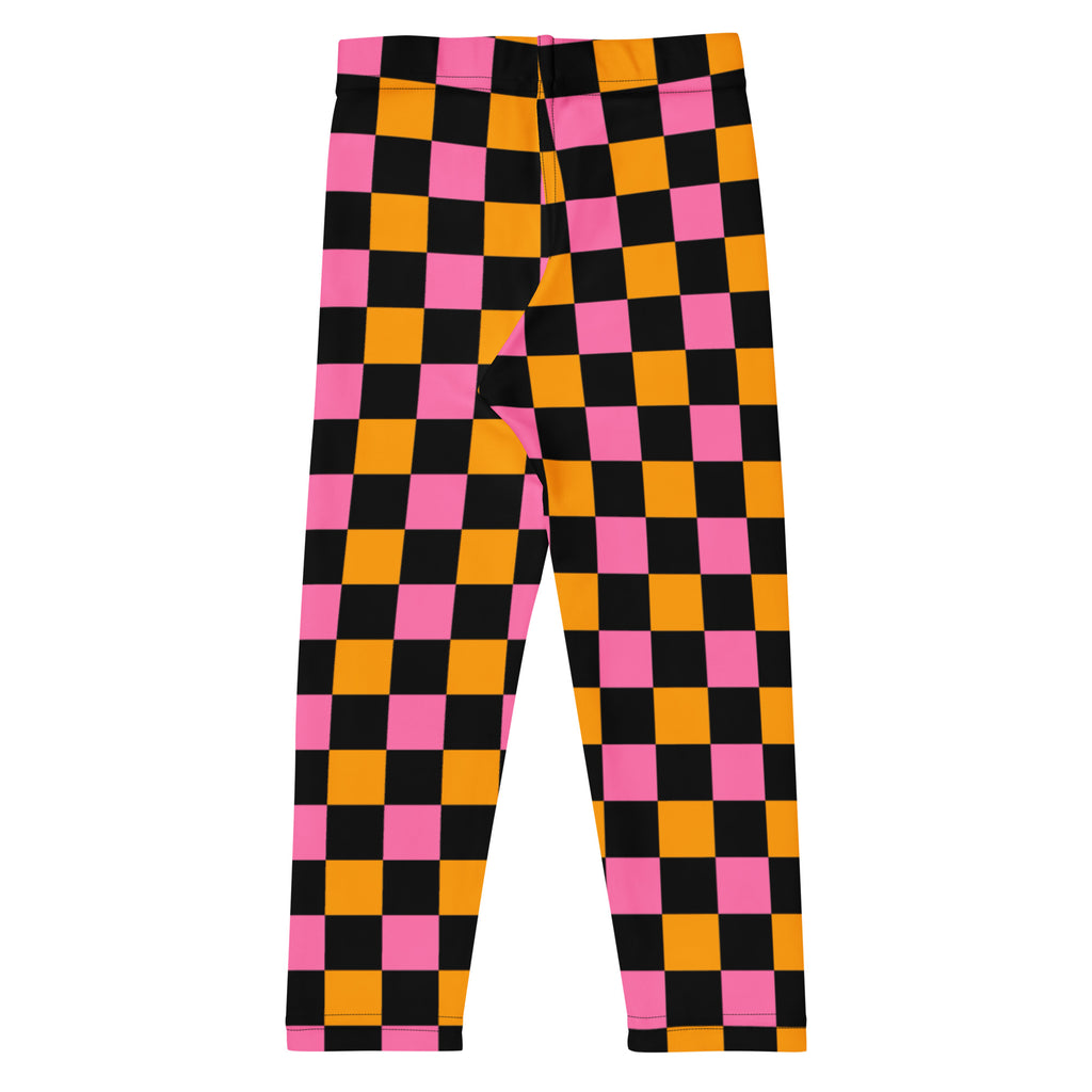 Girls Pink Orange Black Checkerboard Leggings - Warm, Buttery Soft & Stretchy
