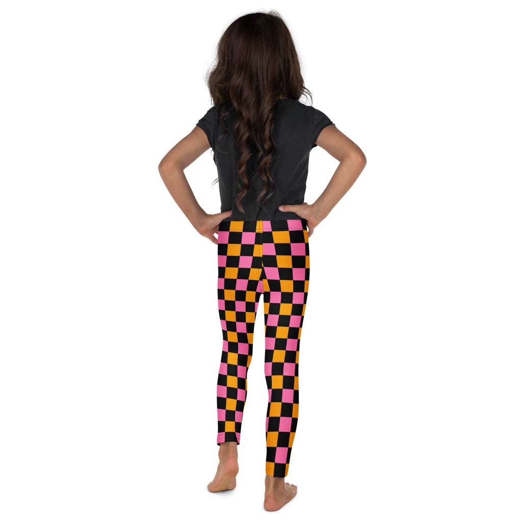 Girls Pink Orange Black Checkerboard Leggings - Warm, Buttery Soft & Stretchy